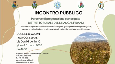 Incontro pubblico - percorso di progettazione partecipata del Distretto Rurale del Linas Campidano, giovedì 5 marzo 2026, Guspini