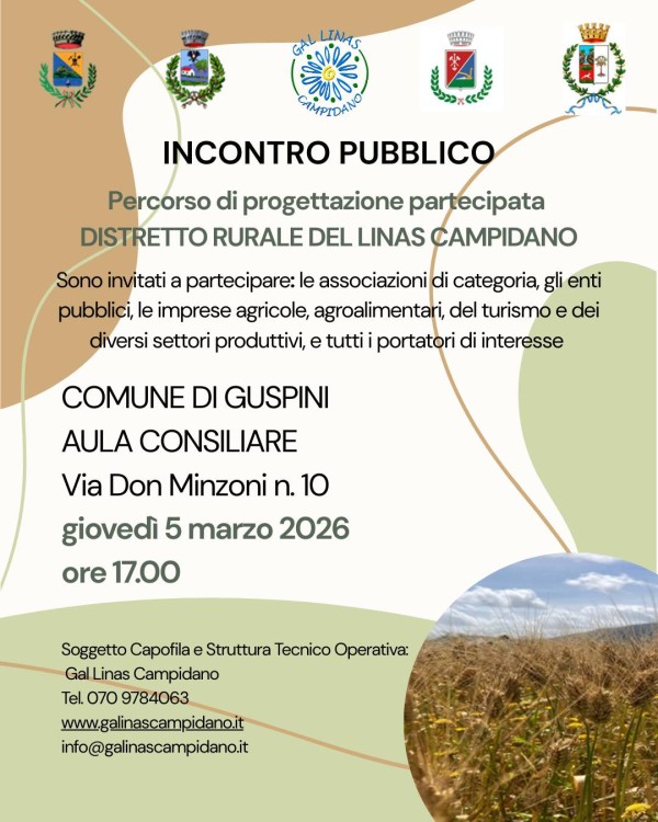 Incontro pubblico - percorso di progettazione partecipata del Distretto Rurale del Linas Campidano, giovedì 5 marzo 2026, Guspini